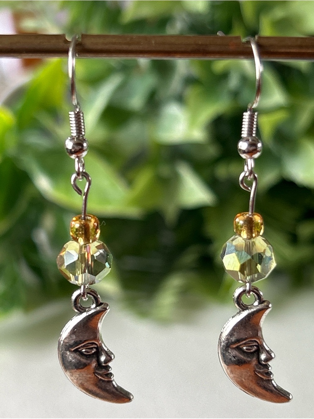 Yellow Bead Silver Moon Face Drop Earrings